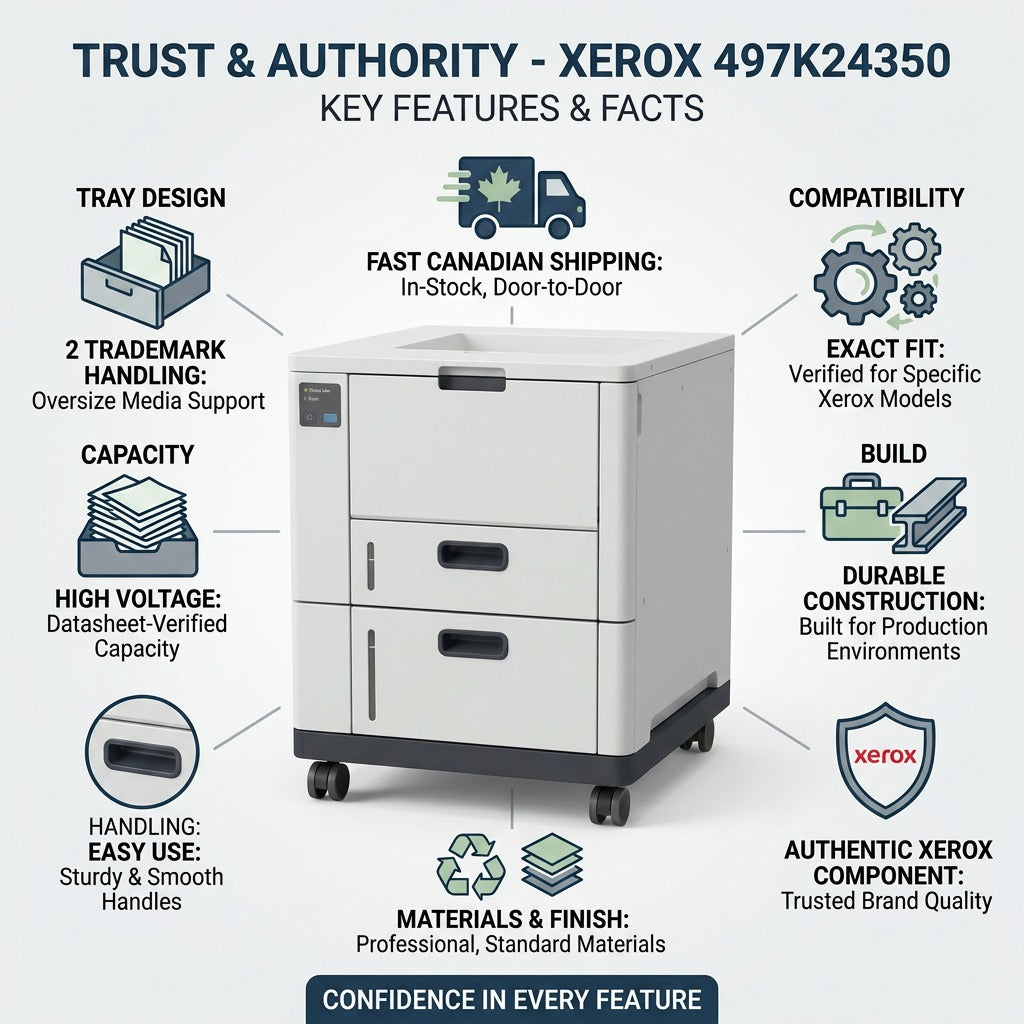 Infographic for the Xerox 497K24 feeder, highlighting trust and key features with clear icons.