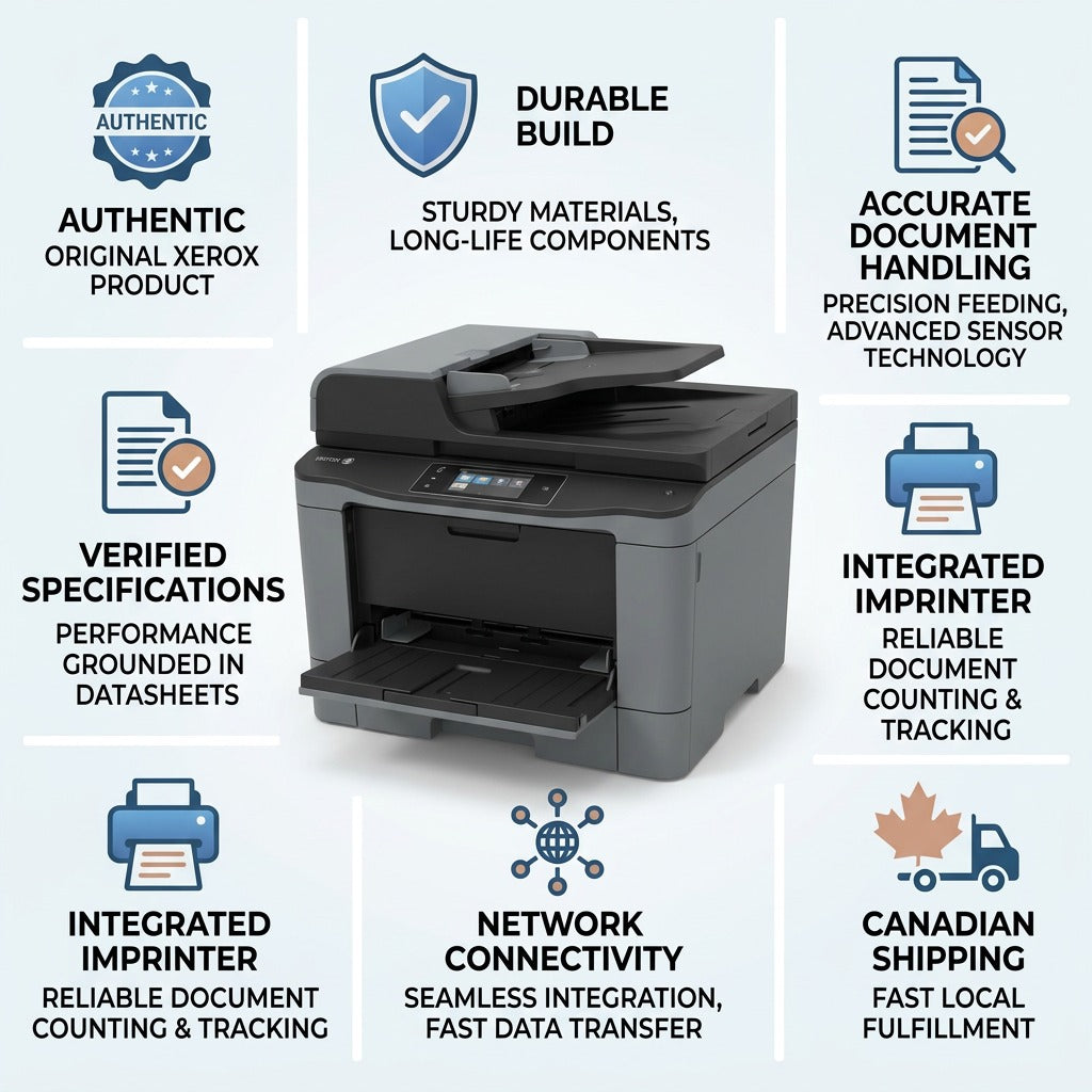Infographic matrix highlighting the Xerox W130 Network scanner's features and reliability with trust icons.
