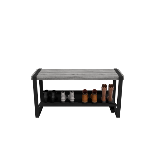 (CUSMA form attached) Sturdy practical entryway bench / 43" wide / GREY WOLF wood stain / Black shelf & frame / Store 3 pairs / Rakabot Moderno