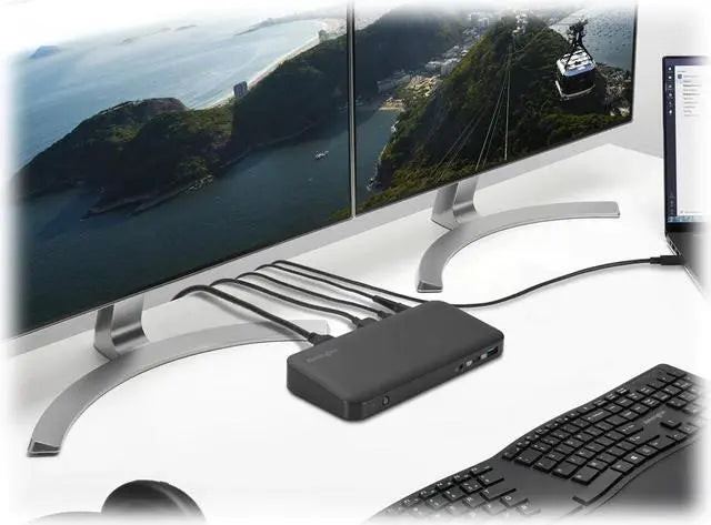 : Kensington SD4840P USB-C dock in multi-monitor office workstation
