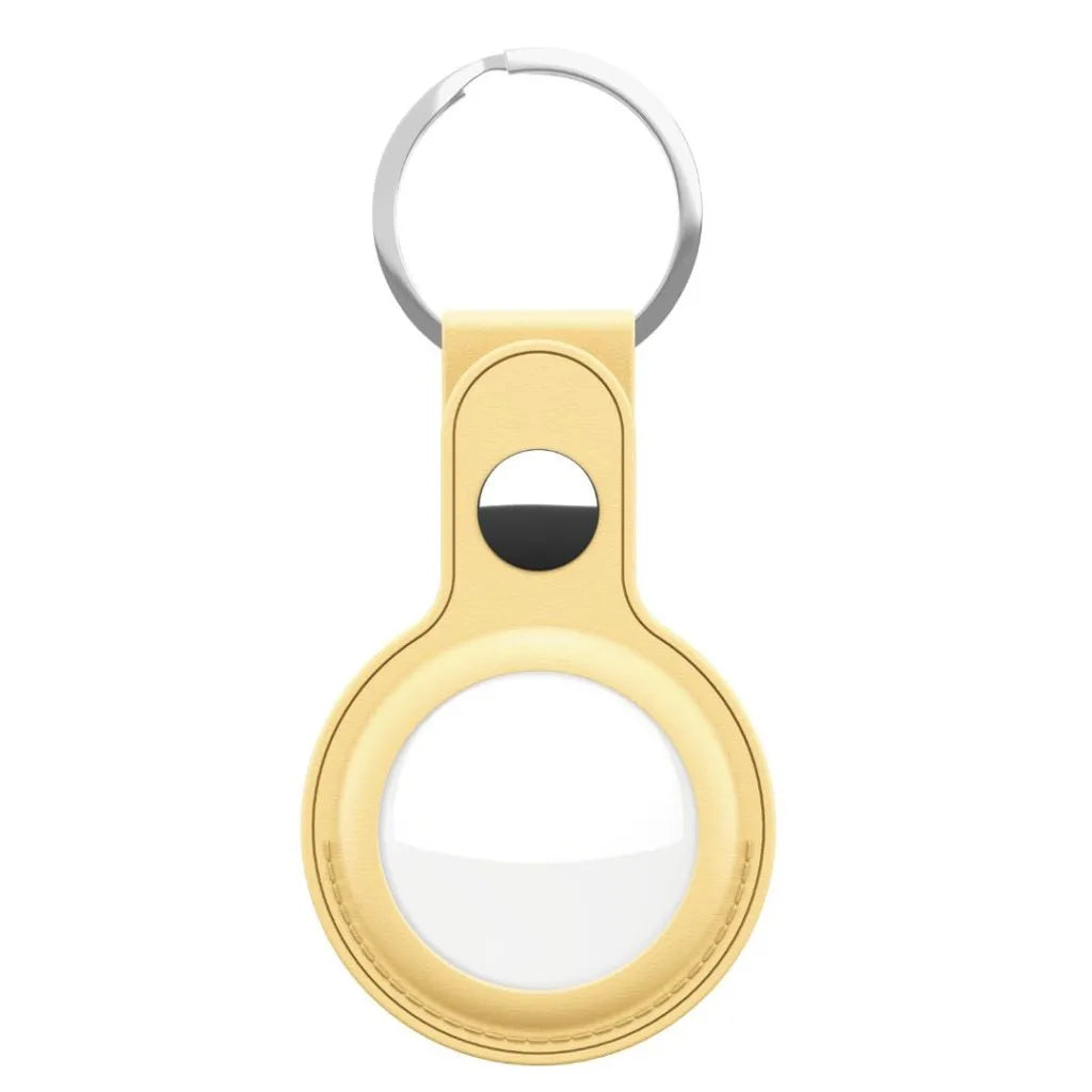 Shop KeyBudz AT2_S1_PYL pastel yellow AirTag keyrings. 2-pack with genuine leather holders, metal rings and secure snap closures for Apple AirTag.