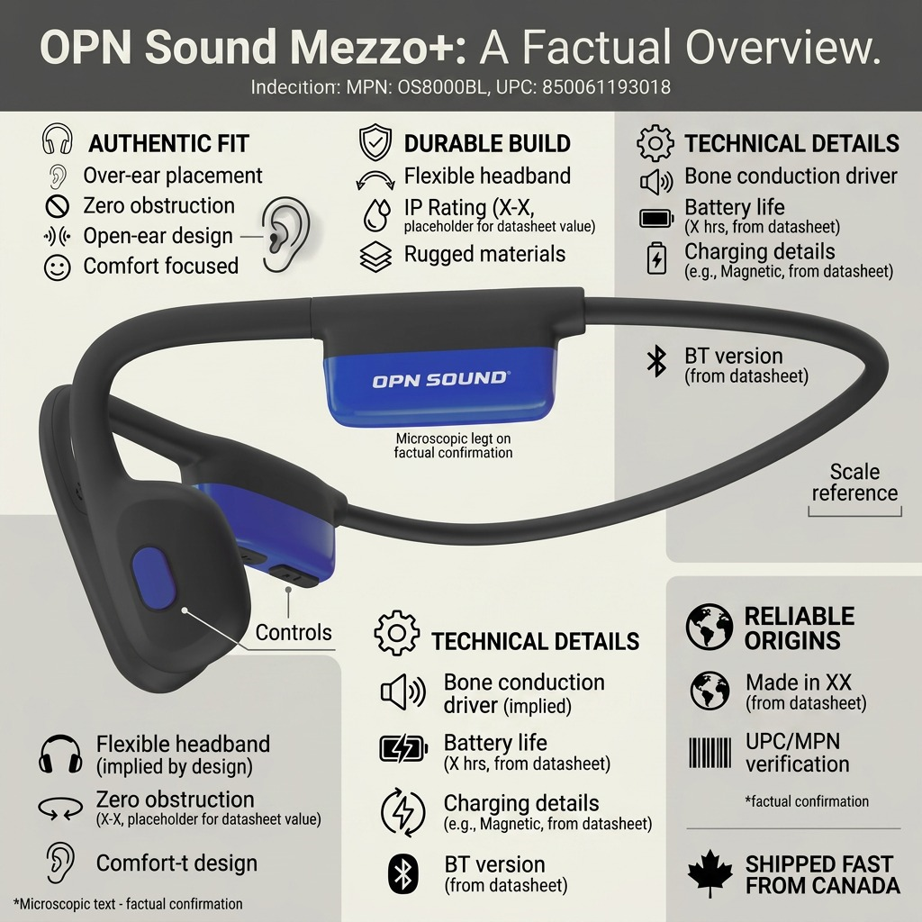 Factual authority infographic for OPN Sound Mezzo+ (OS8000BL, 850061193018) with icons, short cues, and fast Canadian shipping. OPN Sound OS8000BL Mezzo+ black and blue bone conduction headphones