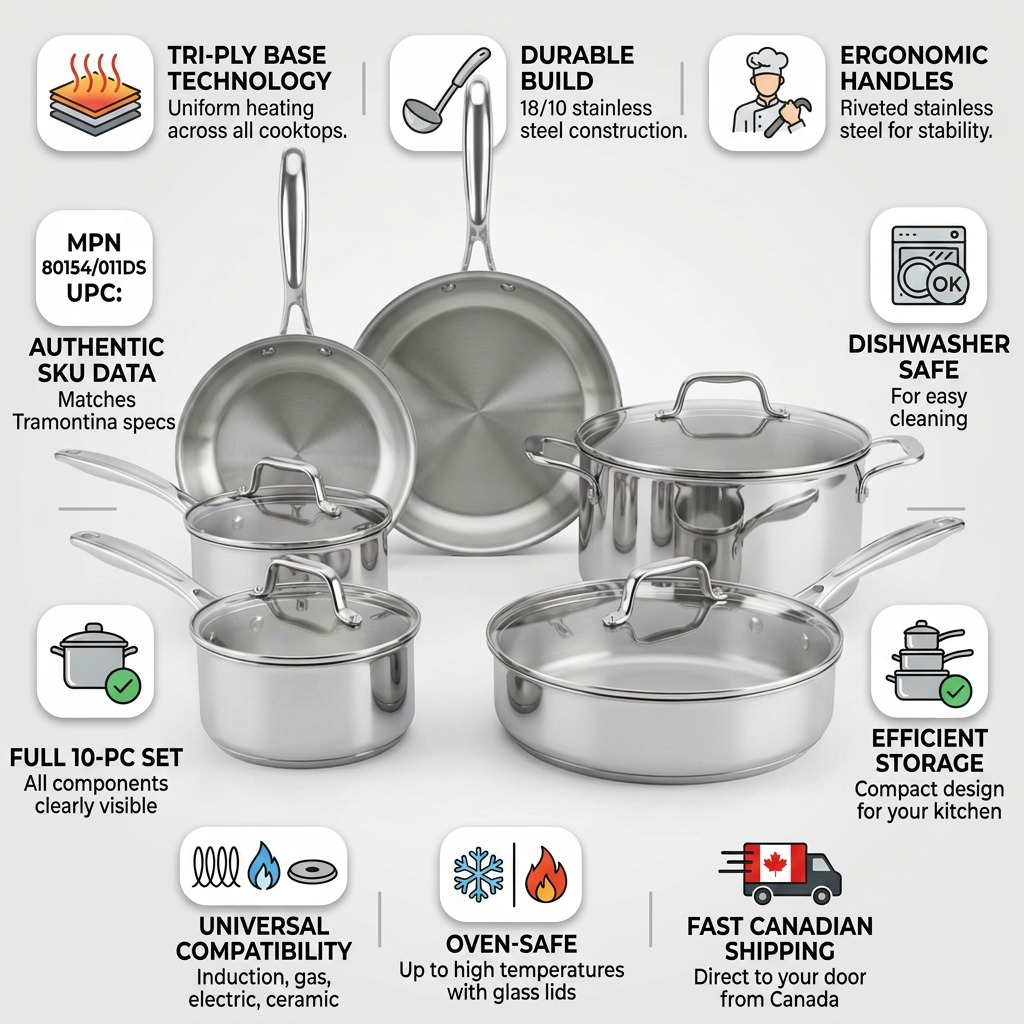 PDP visual matrix image validating Tramontina Tempo cookware set with icons and feature text. Tramontina Tempo 10-piece stainless steel cookware set