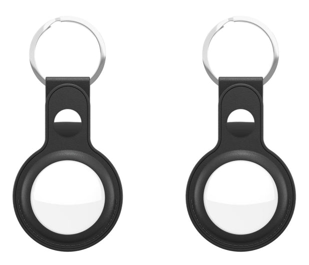Shop KeyBudz AT2_S1_BLK black leather AirTag keyrings. 2-pack with genuine leather holders, metal rings and secure snap closures for Apple AirTag.
