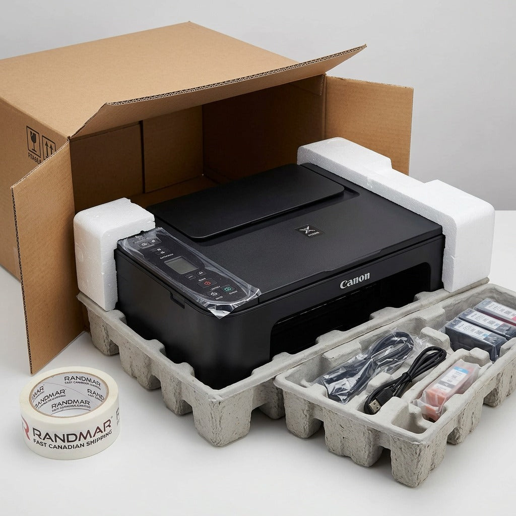 A detailed, close-up photo of the Canon PIXMA TS3720 (image_0.png) partially unboxed from neutral protective custom foam and cardboard.