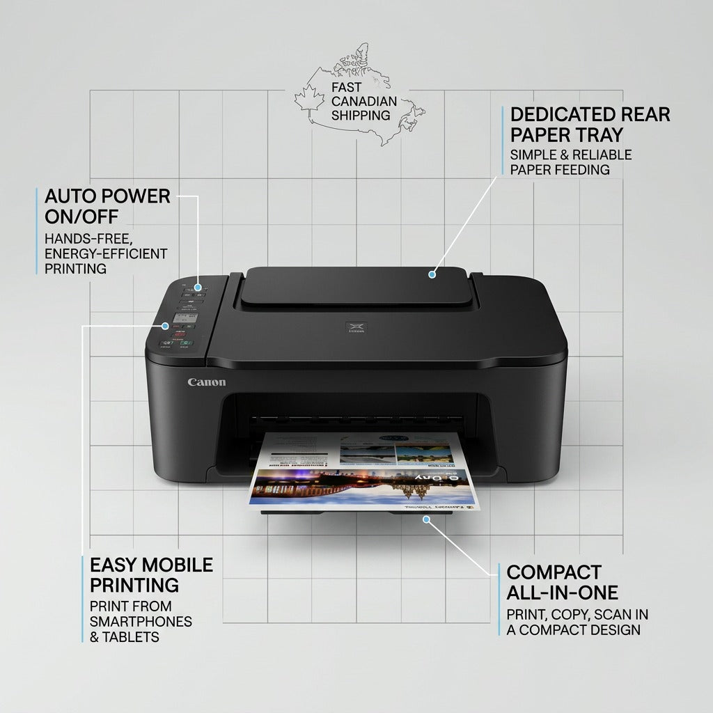Minimalist ecommerce graphic with pointer lines highlighting operational features of the small black Canon PIXMA TS3720 printer.