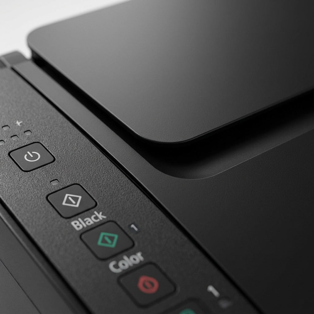 Extreme close-up of the textured top surface and distinct button symbols of the black Canon PIXMA TS3720.
