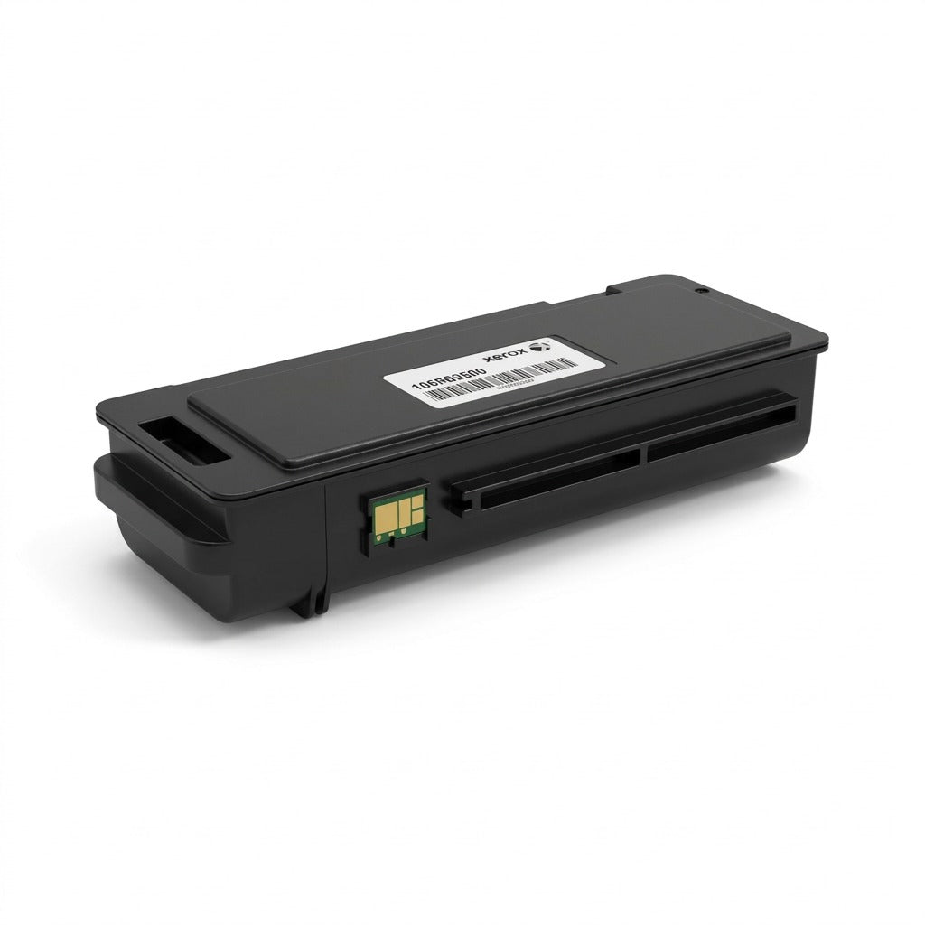 High-resolution hero shot of Xerox 106R03500 black toner cartridge against a pure white background.