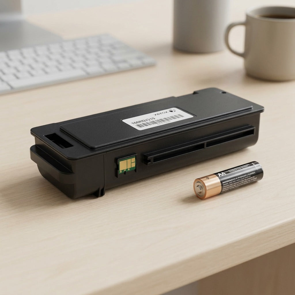 An isometric view of the Xerox 106R03500 black toner cartridge sitting beside a standard AA battery on a light gray desk to provide a clear scale reference, with no text or packaging visible.