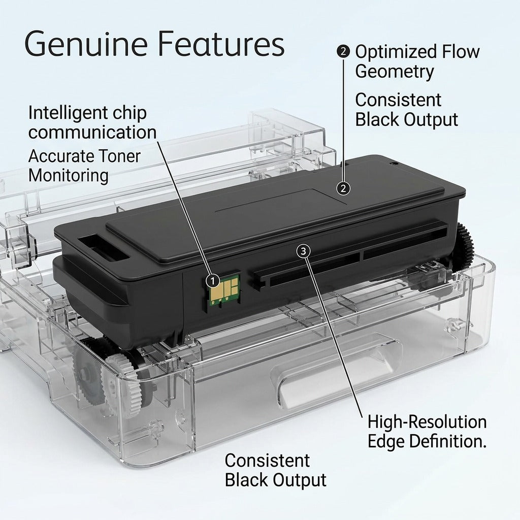 Diagram of a genuine Xerox black cartridge 106R03500 showing key operational features and benefits.