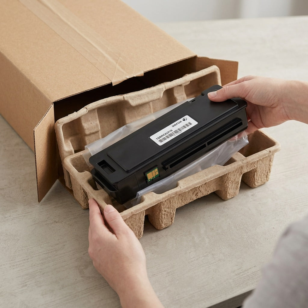 Unboxing the Xerox 106R03500 black print cartridge, showing its secure protective pulp and plastic packaging.