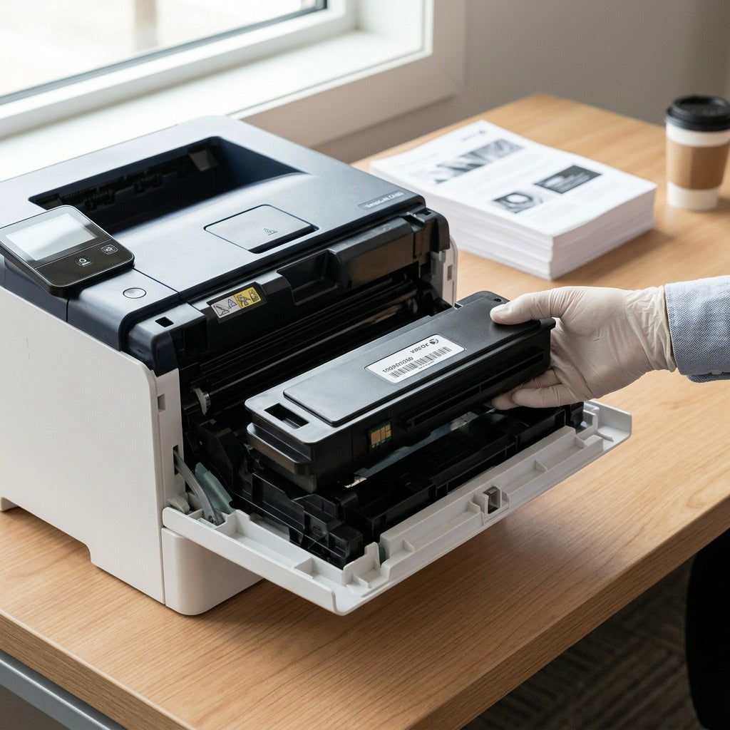A person installing a black Xerox 106R03500 toner cartridge into a C400 printer on an office desk.