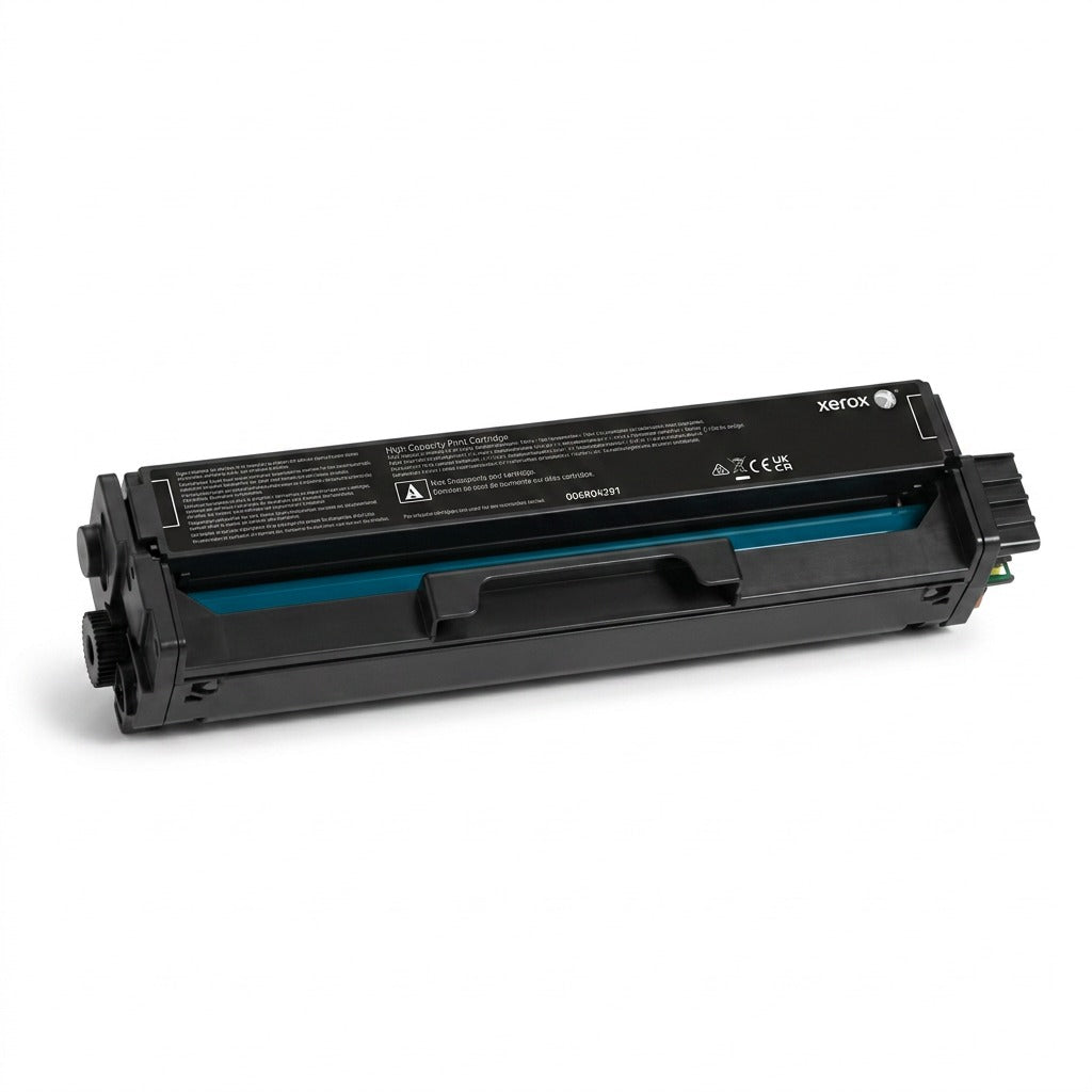Pure high-resolution hero shot: black Xerox 006R04391 toner cartridge on a pure white background.