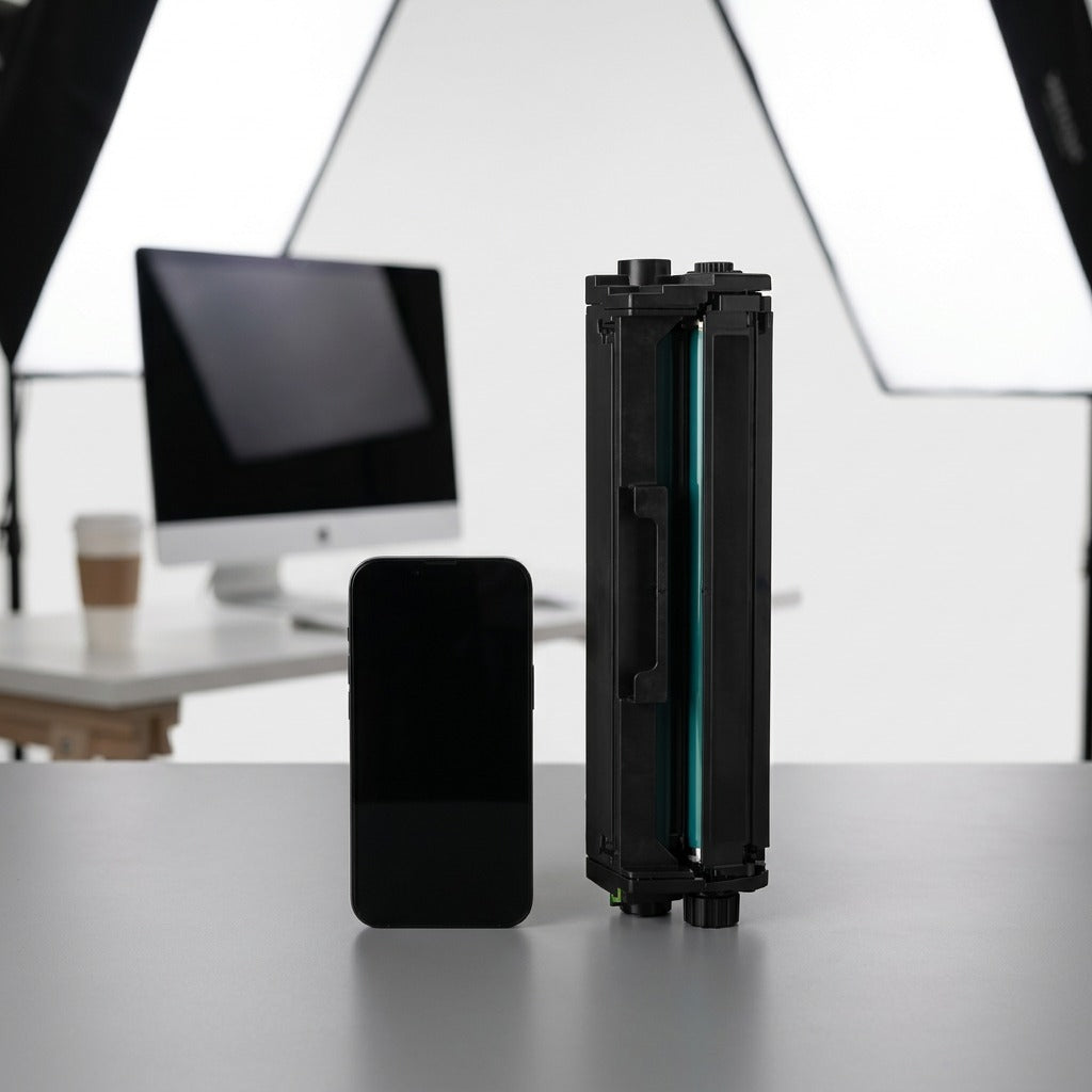 A Xerox 006R04391 toner cartridge stands vertically on a desk, next to a black standard smartphone.