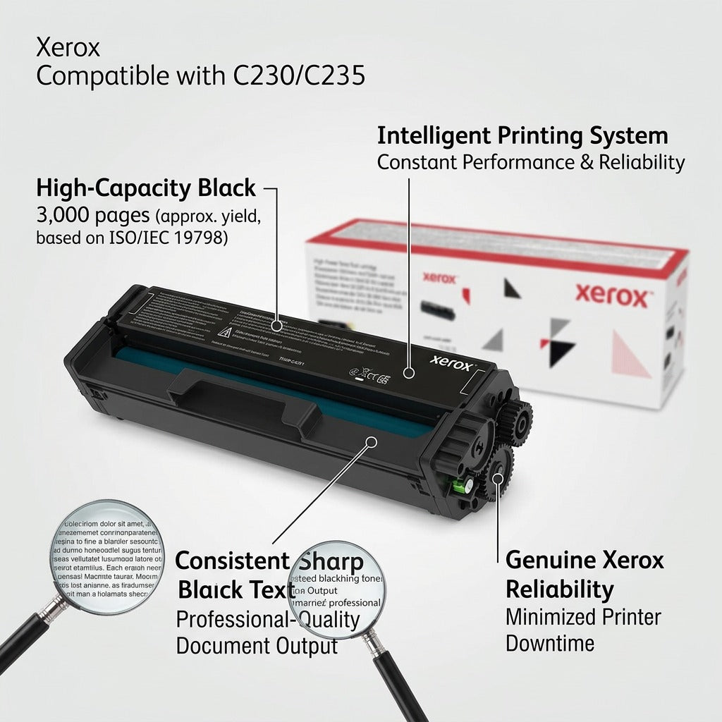 Xerox C230/C235 Black High Capacity Toner Cartridge, 3,000 page yield feature callout diagram.