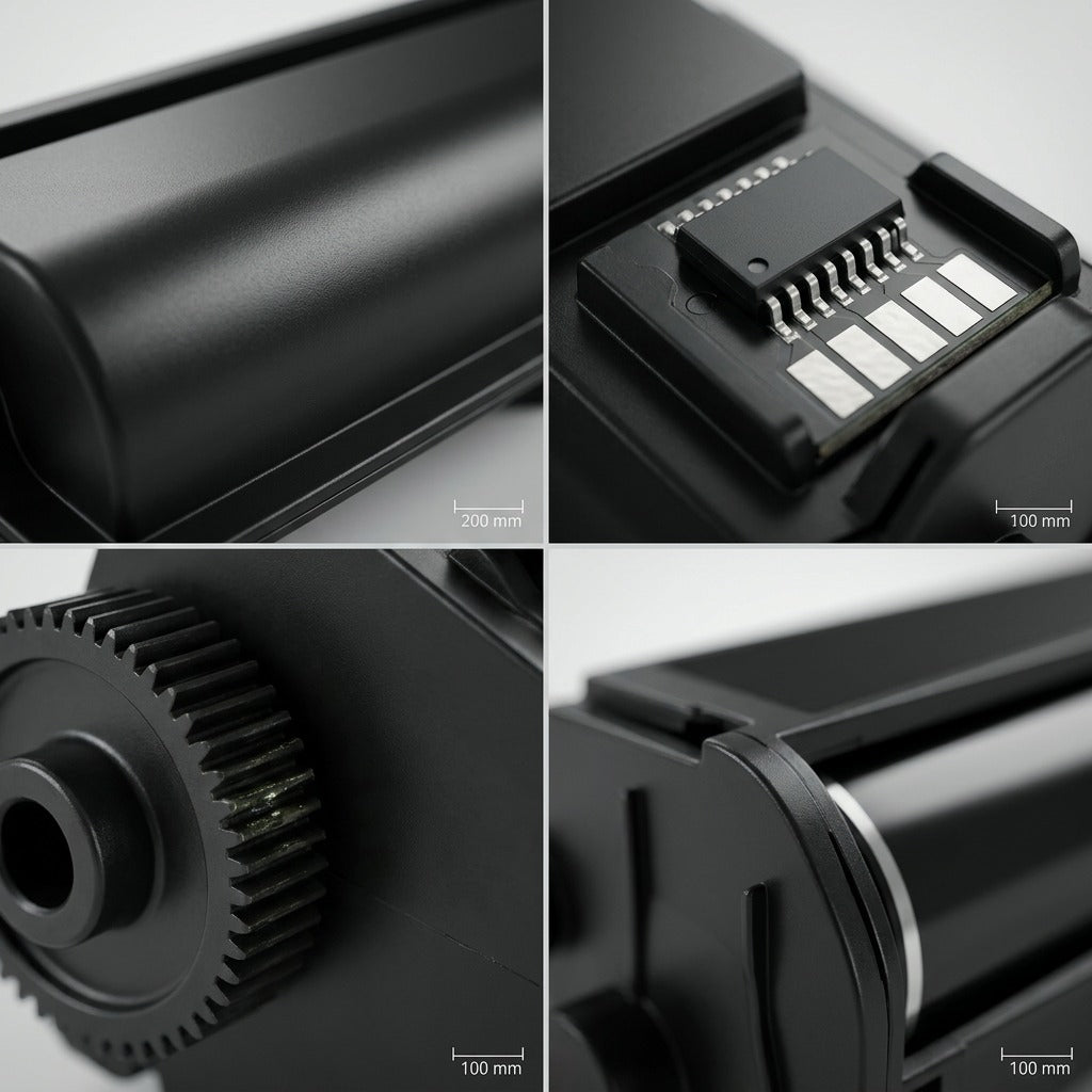 Macro photograph of the Xerox 006R04391 Print Cartridge contacts, gears, and a black texture detail.