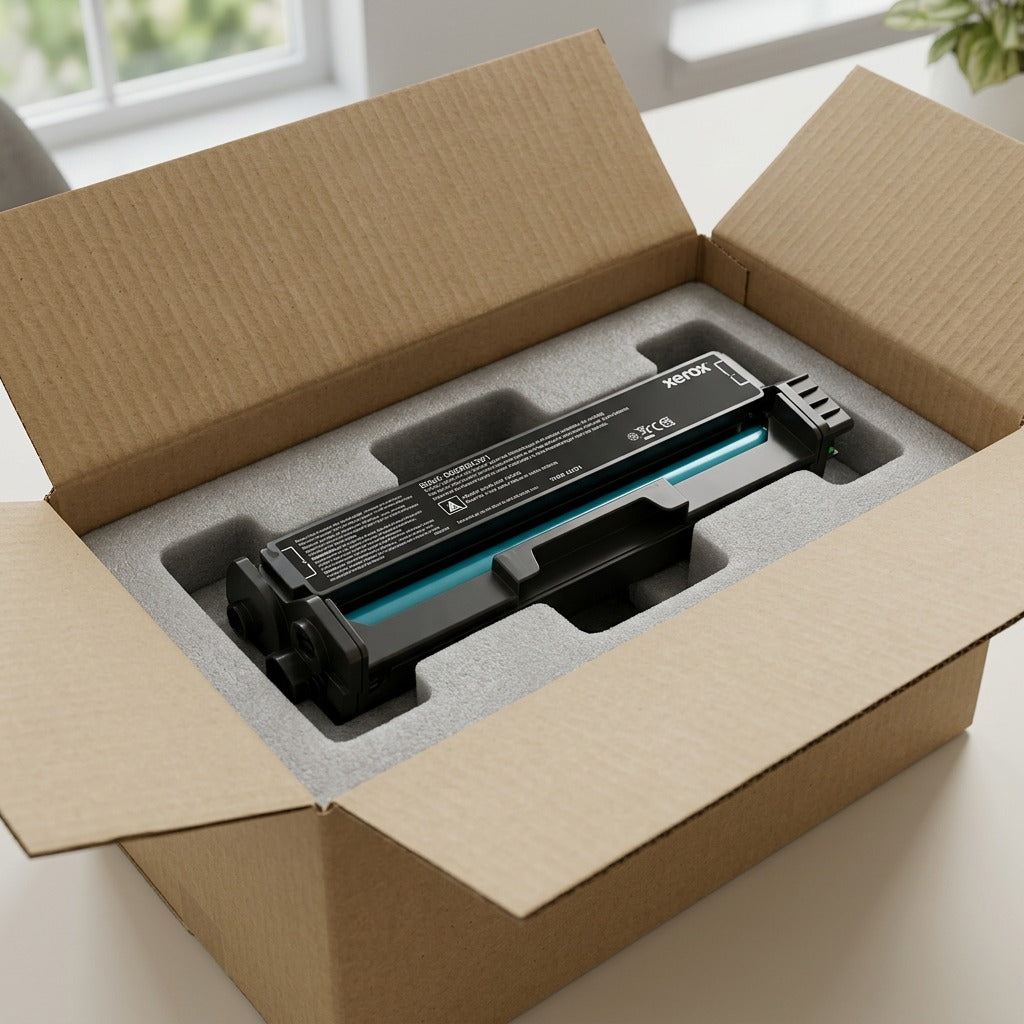High-detail photorealistic close-up of a Xerox 006R04391 toner cartridge securely nestled in protective foam within a sturdy shipping carton.