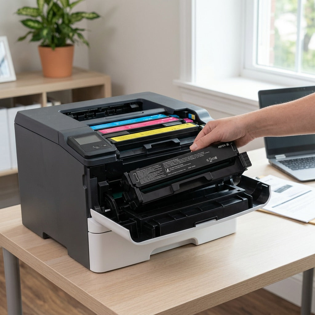 Xerox 006R04391 black cartridge sits partially inserted into a Xerox C230 color printer in a home office.