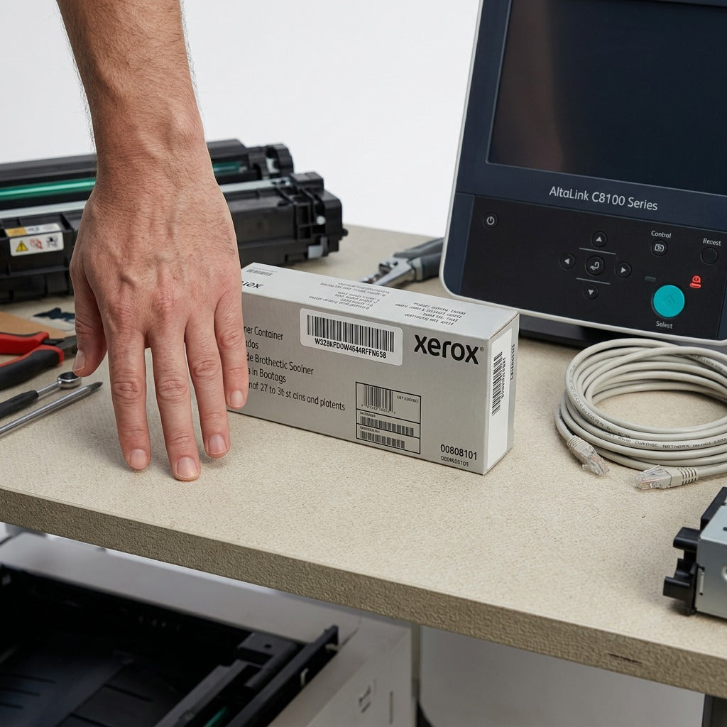 Scale reference photo: Xerox 008R08101 waste toner container positioned next to a human hand on a workspace.