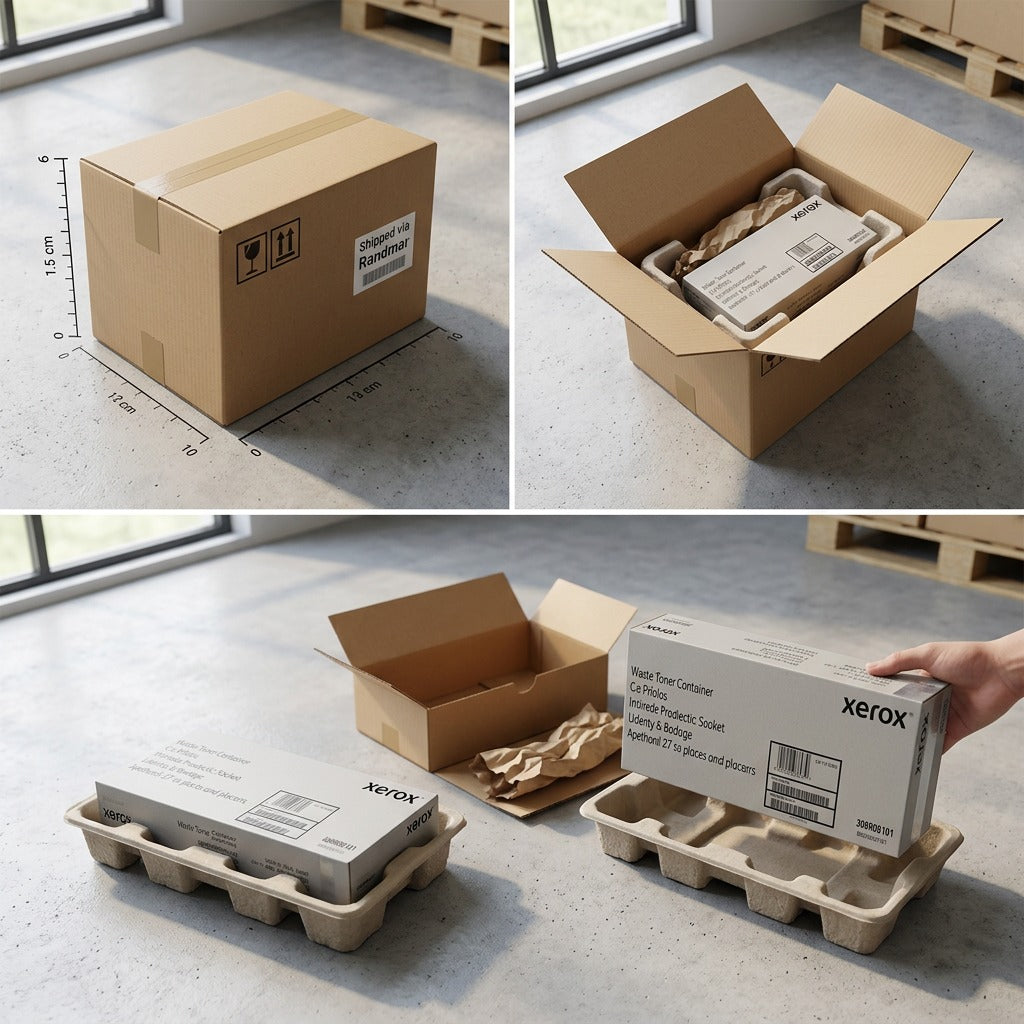A three-panel unboxing sequence showing reinforced shipping, interior cushioning, and the intact product.