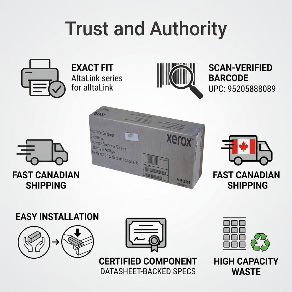 A trust and authority infographic centered on the Xerox 008R08101 waste toner container. Icons showcase fast Canadian shipping, an exact fit for the AltaLink series, easy installation, certified components, and a verified UPC barcode. Text is concise.
