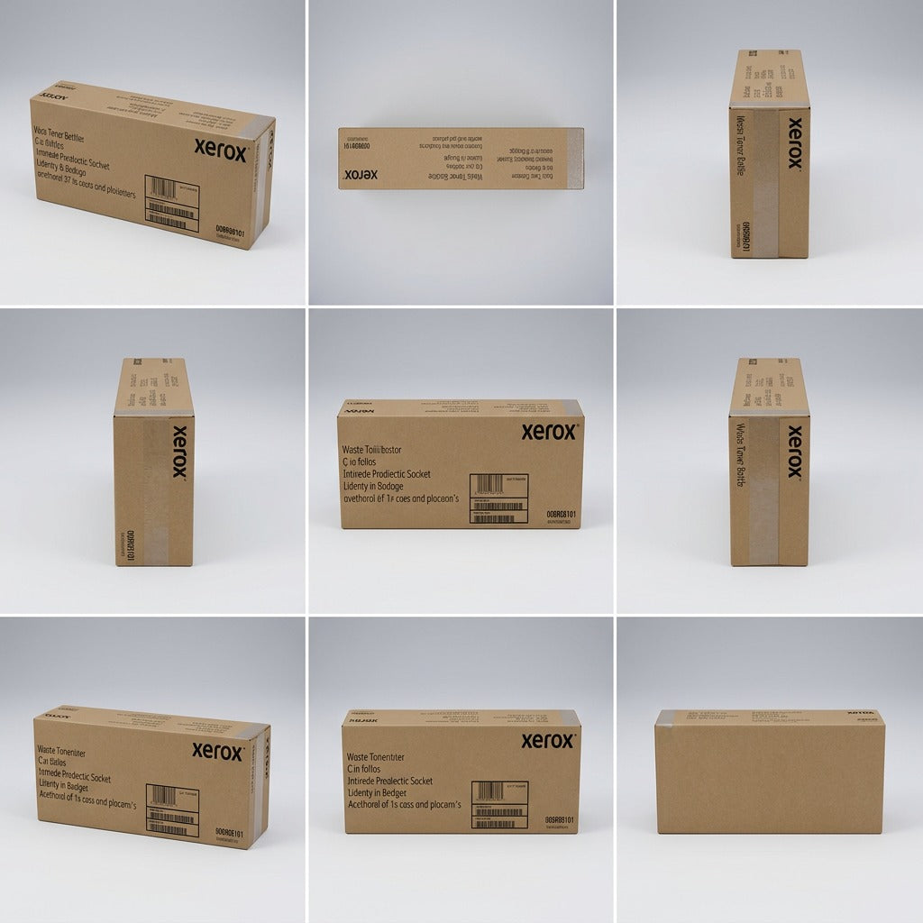 A detailed 3D multi-angle visual matrix for a single Xerox waste toner bottle packaging.