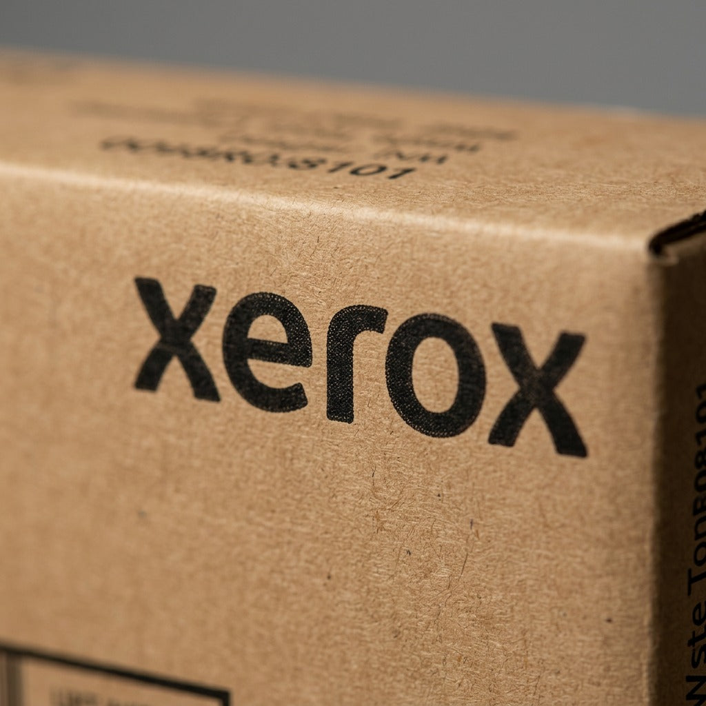 Macro shot of the Xerox 008R08101 waste toner box, focusing on the textured logo and material.
