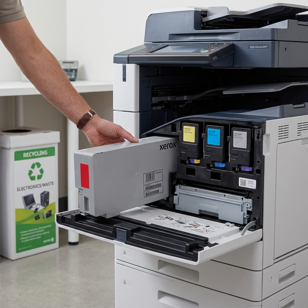 A photo of the Xerox 008R08101 waste toner container, matching the image provided, sitting in a plastic recycling bin next to a printer.