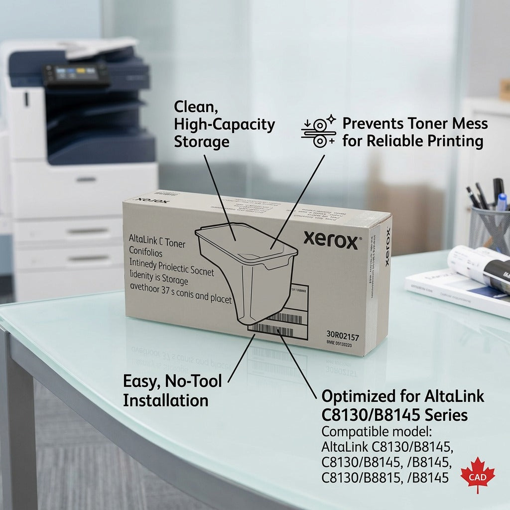 Feature callout graphic of a Xerox AltaLink Waste Toner box, highlighting its clean performance with concise labels and pointer lines against a blurred office environment.