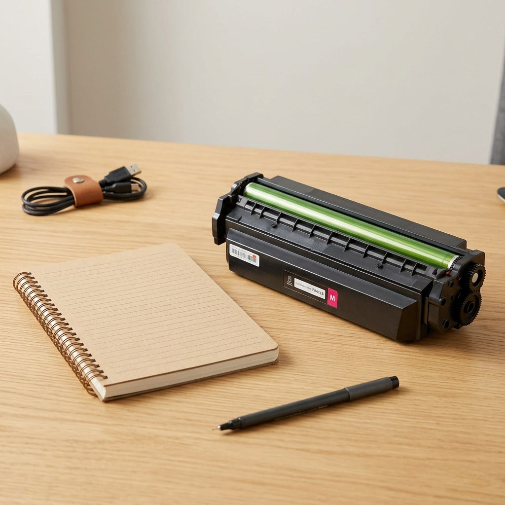 An A5 notebook on a wooden desk next to the Elevate Imaging HP CF413X magenta toner cartridge for scale.