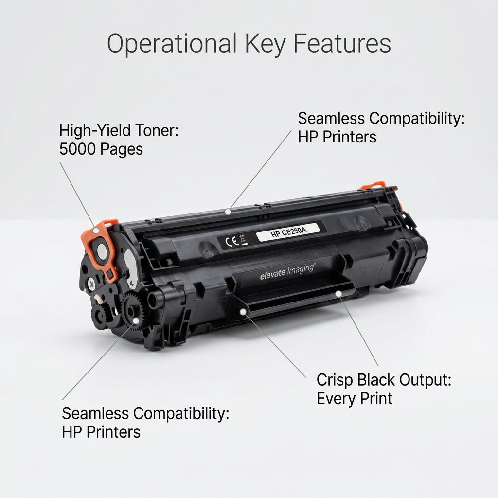 PDP feature graphic highlighting HP CE250A compatible toner with 5000-page yield and print quality callouts.