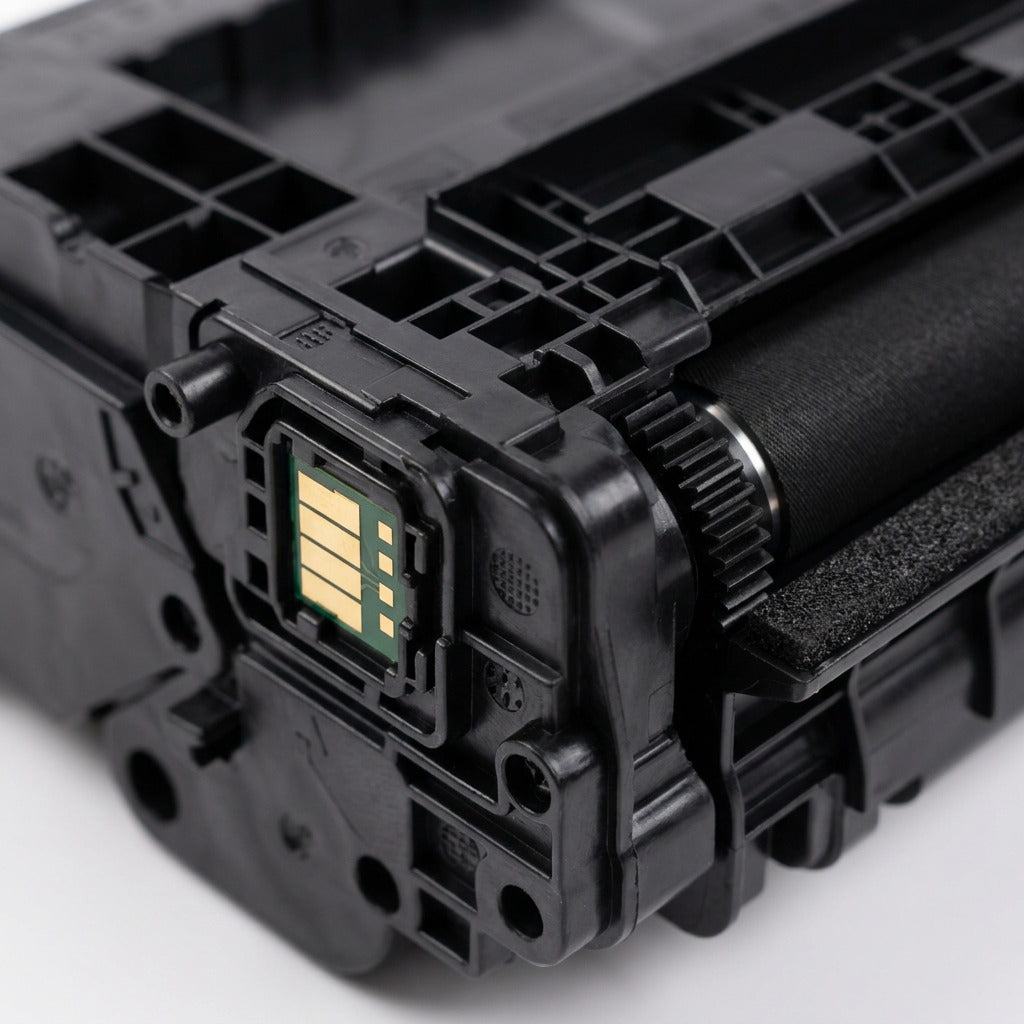 Extreme macro view of the complex black plastic molding and electronic chip contacts on the HP CF237X compatible toner cartridge.
