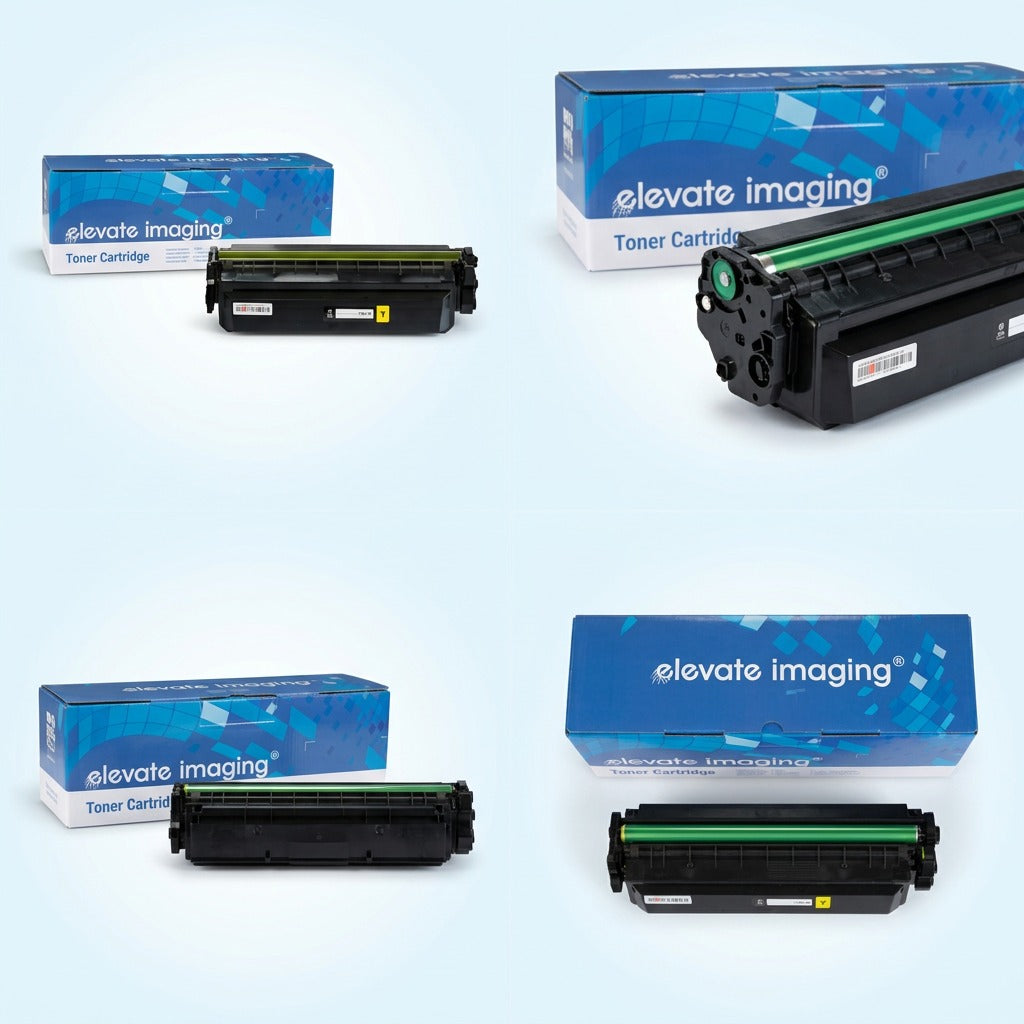 A four-panel grid matrix showcasing a compatible yellow toner cartridge and its box from multiple angles.
