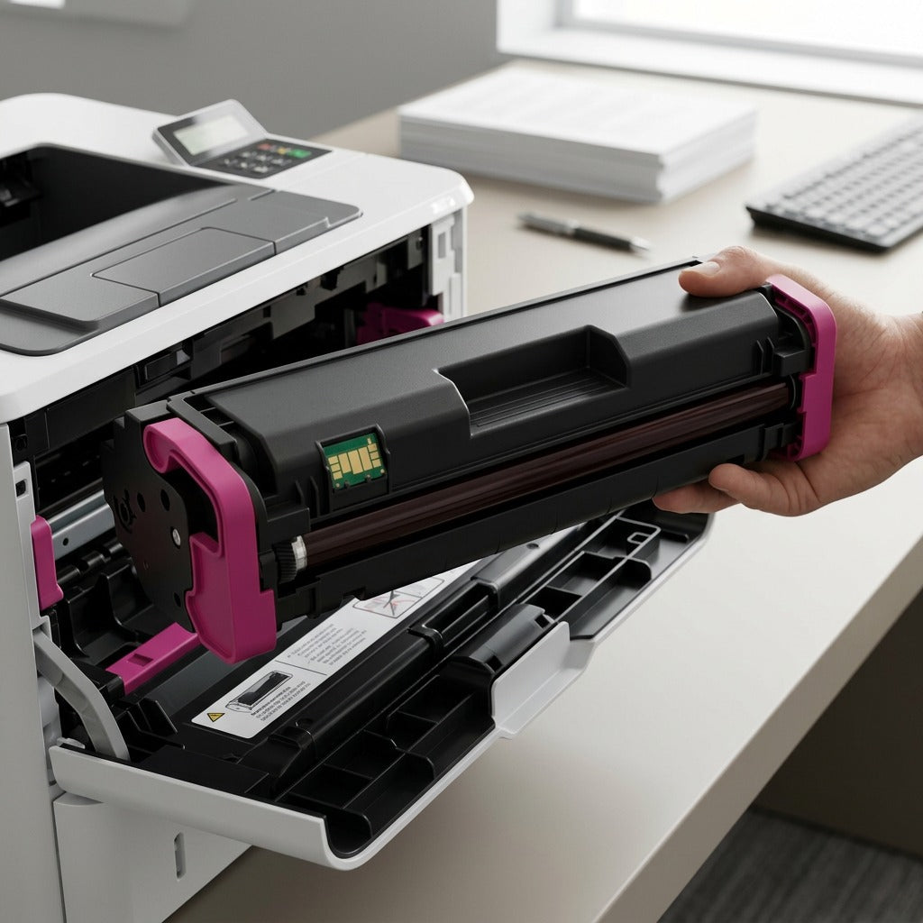 A hand installs the accurate remanufactured HP CF413A magenta toner into a laser printer desk. 2300 yield.