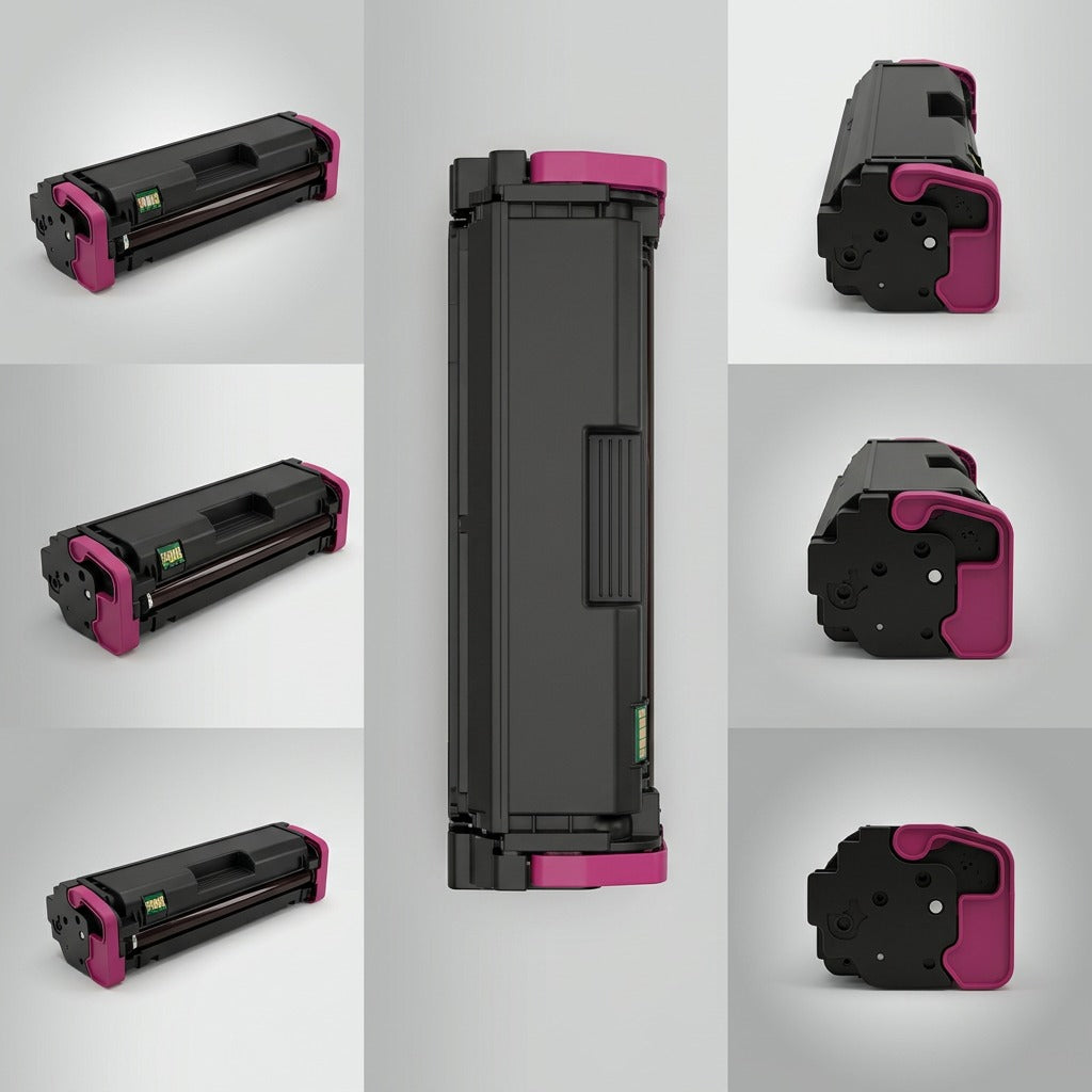 An ecommerce matrix displaying the Magenta toner cartridge from three realistic angles against clean backgrounds.