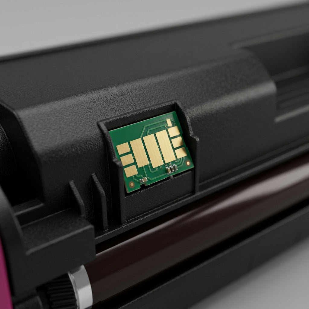 Macro close-up photo of the intricate gold pin array on the magenta laser toner cartridge's chip.