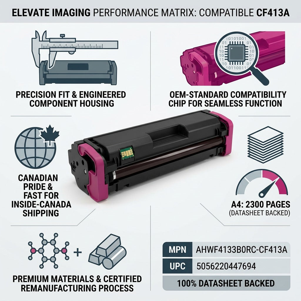 An intricate infographic displaying the magenta toner cartridge with key data points on fit, engineering, dynamic chip, materials, compatibility, yield, and fast Canadian shipping.