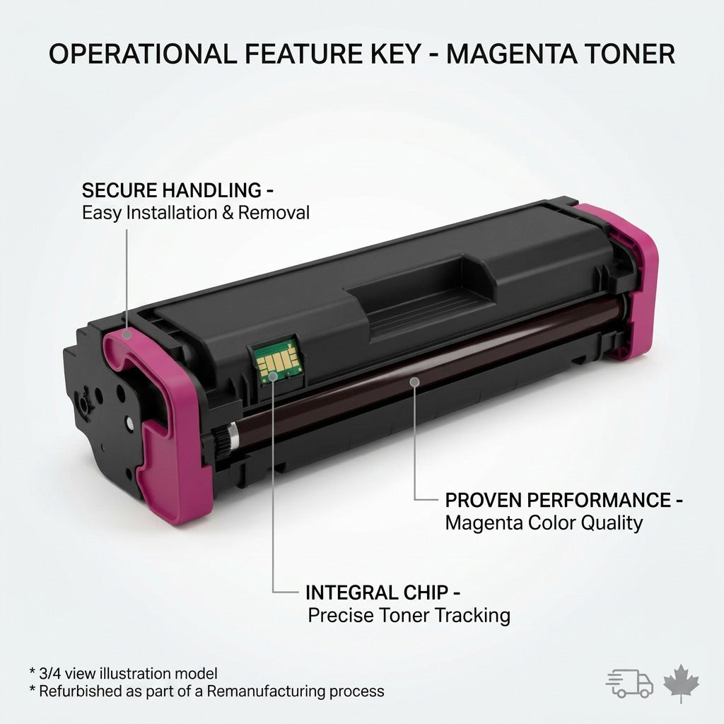 A feature graphic for the magenta toner cartridge showing clean pointer lines to the smart chip, OPC drum, and pink handles, with brief labels of 'Track Levels', 'Defined Prints', and 'Secure Handling'.<ctrl46>