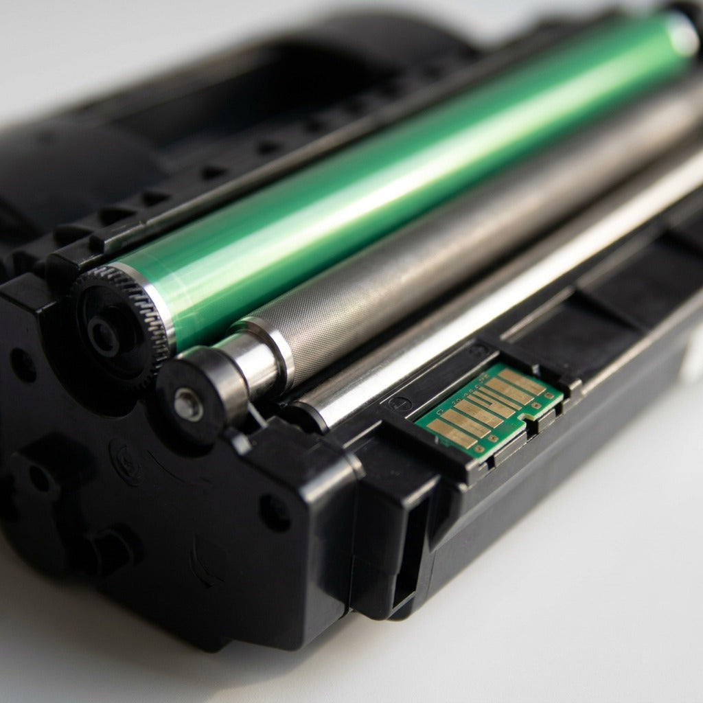 Extreme close-up of a toner cartridge's complex internal components and electrical chip contacts.