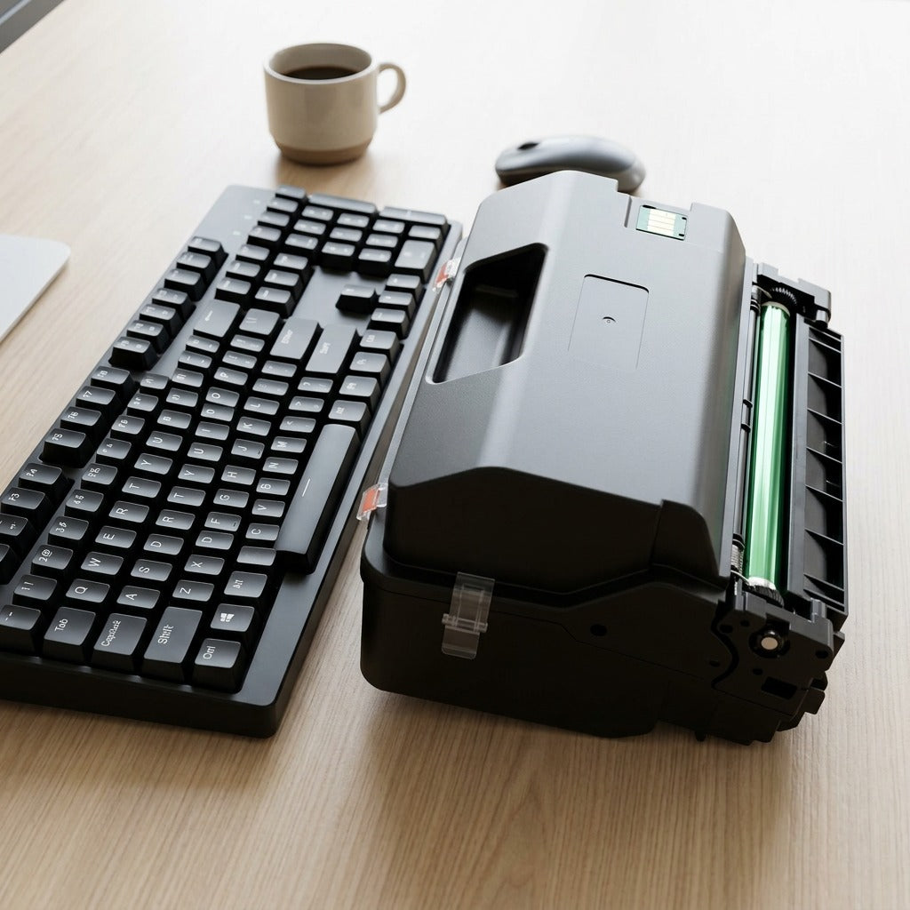 The specific black laser toner cartridge is shown next to a standard keyboard for a clear size comparison.