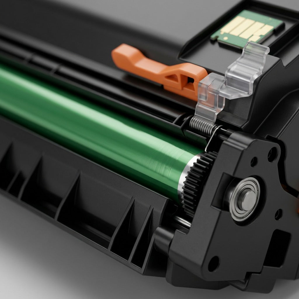 Macro detail showing the precision green drum roller and black gear interface of the toner cartridge.