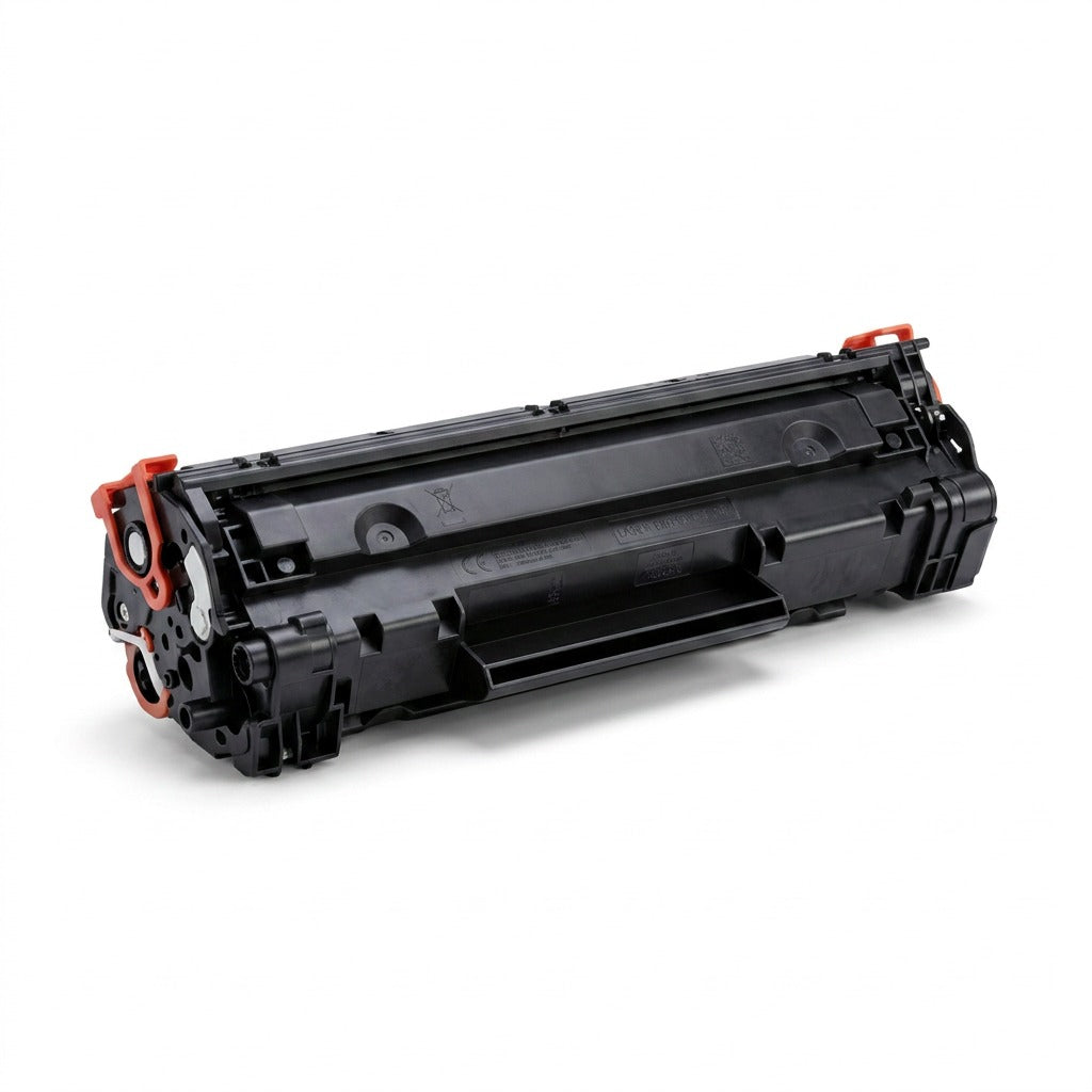 A crisp, central product photo of a black laser toner cartridge on a pure white background, showcasing its intricate details.