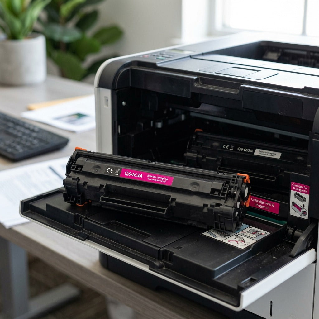 A realistic photo of the Elevate Imaging Remanufactured HP Q6463A magenta toner cartridge installed in a clean office printer, bathed in natural light. A tray of fresh paper sits nearby. The packaging is not shown. The focus is on the correct printer/cartridge pair for the MPN: AHW64633B0RC-Q6463A. The scene is clutter-free. The printer brand isn't identifiable, allowing universal applicability, but the cartridge color 'magenta' is clearly visible through the cartridge/bay.