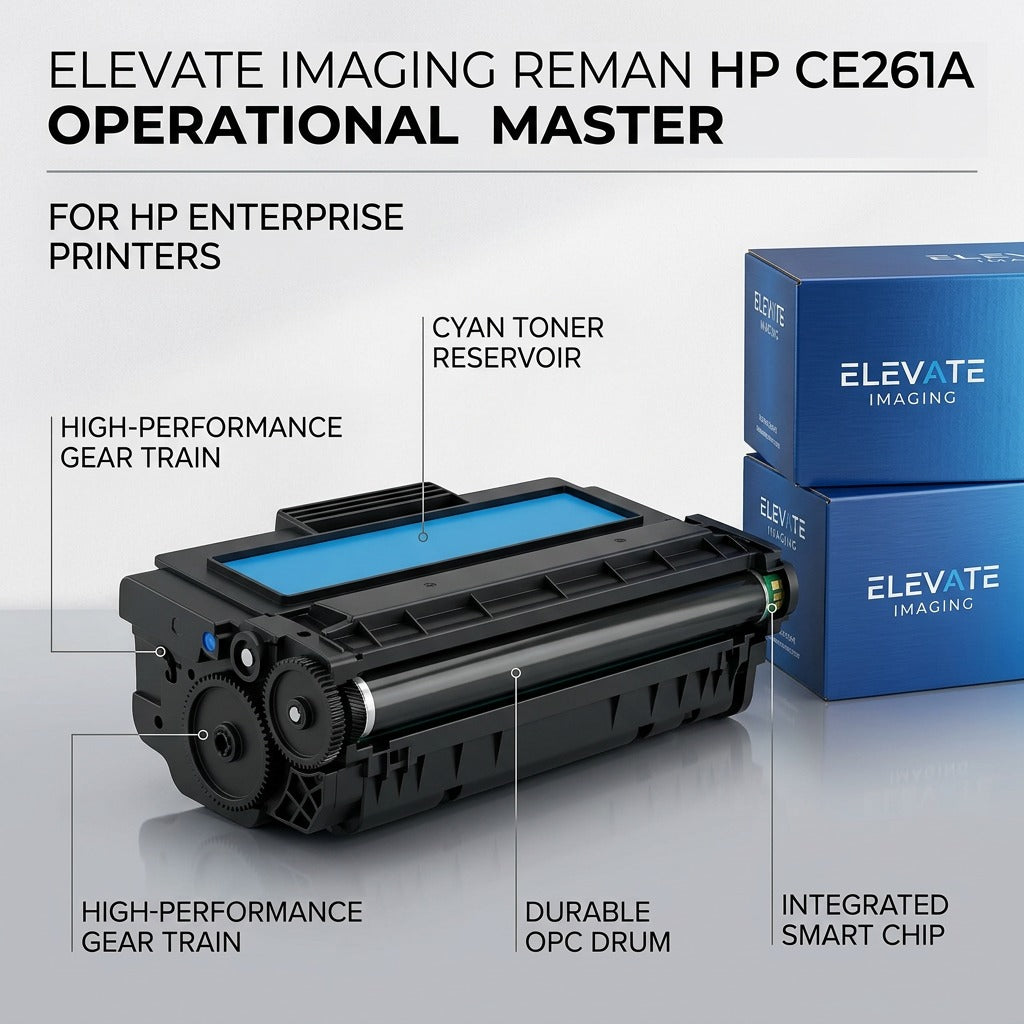 Feature graphic for Elevate Imaging CE261A toner with detailed component callouts and benefit-driven labels.