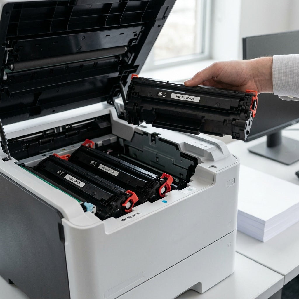A cyan-highlighted Elevate Imaging CF472X remanufactured toner cartridge is installed and seated within the open access area of a modern office laser printer, depicted in a realistic workspace. A partial 'E' logo is visible.