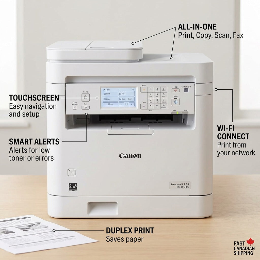 A clean ecommerce graphic of the Canon imageCLASS MF287dw with labeled pointers highlighting key operational features like the touchscreen control panel, smart alerts, all-in-one capabilities, Wi-Fi connectivity, and duplex printing, positioned on a desk.