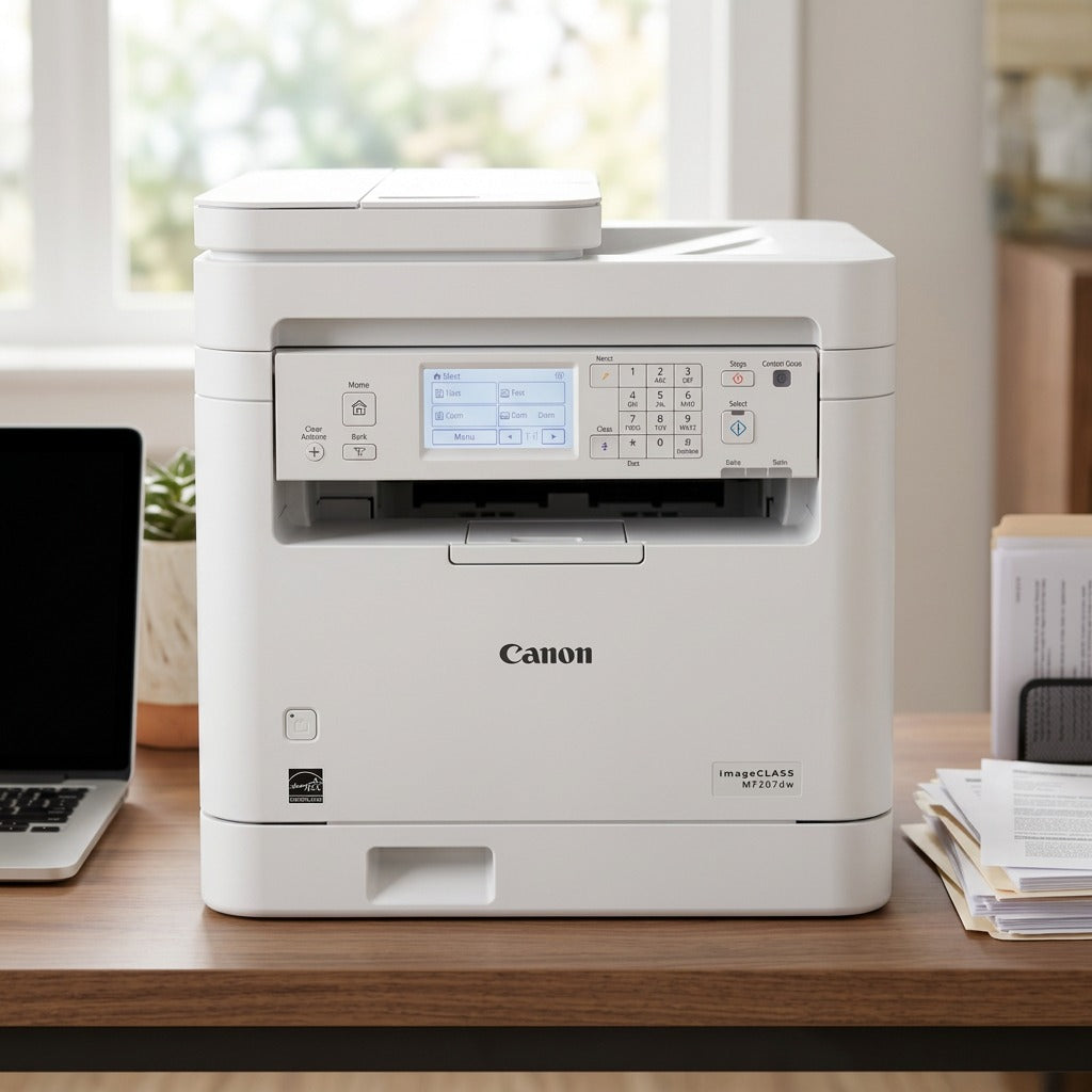 A lifestyle photo of the Canon imageCLASS MF287dw printer on a tidy home office desk.