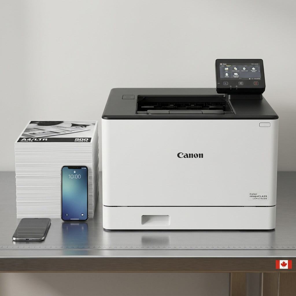 A photorealistic scale reference image showing the Canon LBP674CDW printer beside a stack of printer paper and two smartphones on a desk.