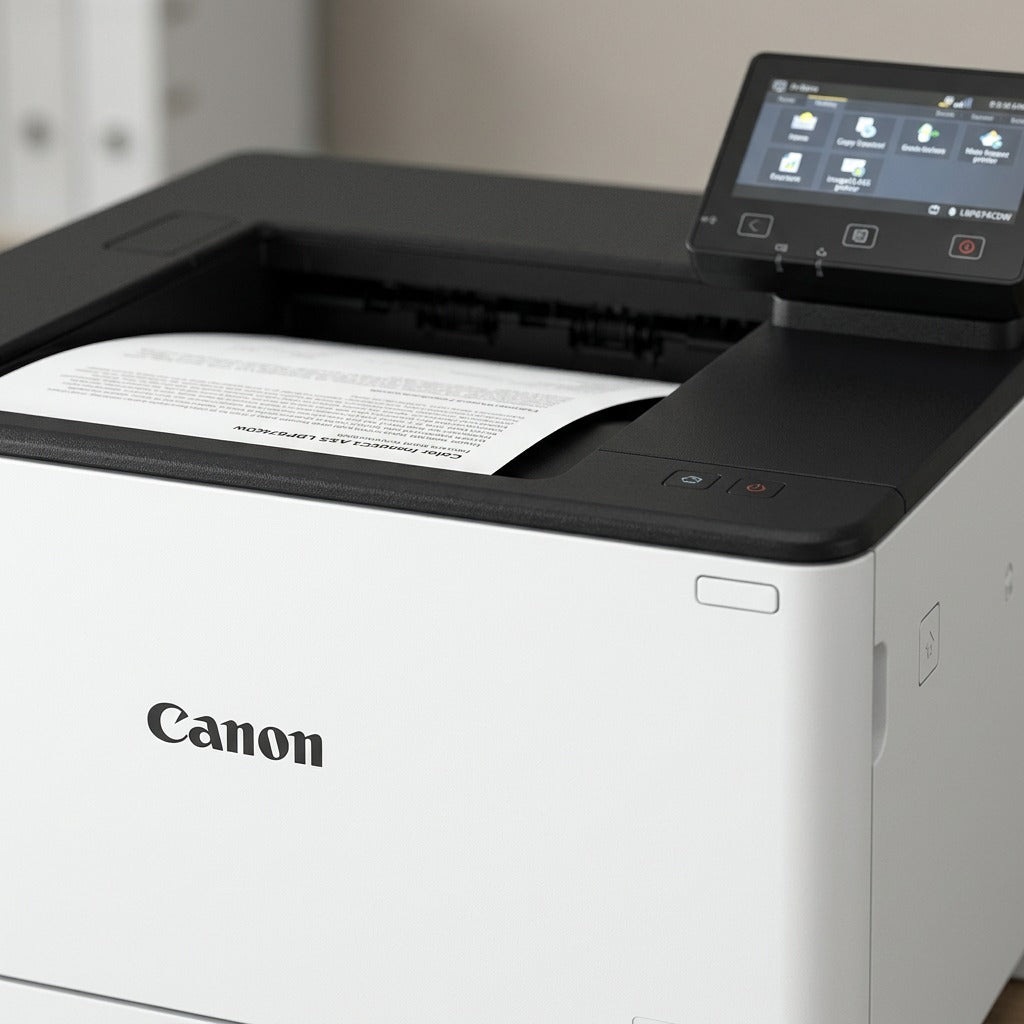 Macro photo detailing the Canon color printer's touchscreen interface and Canon logo under soft light.
