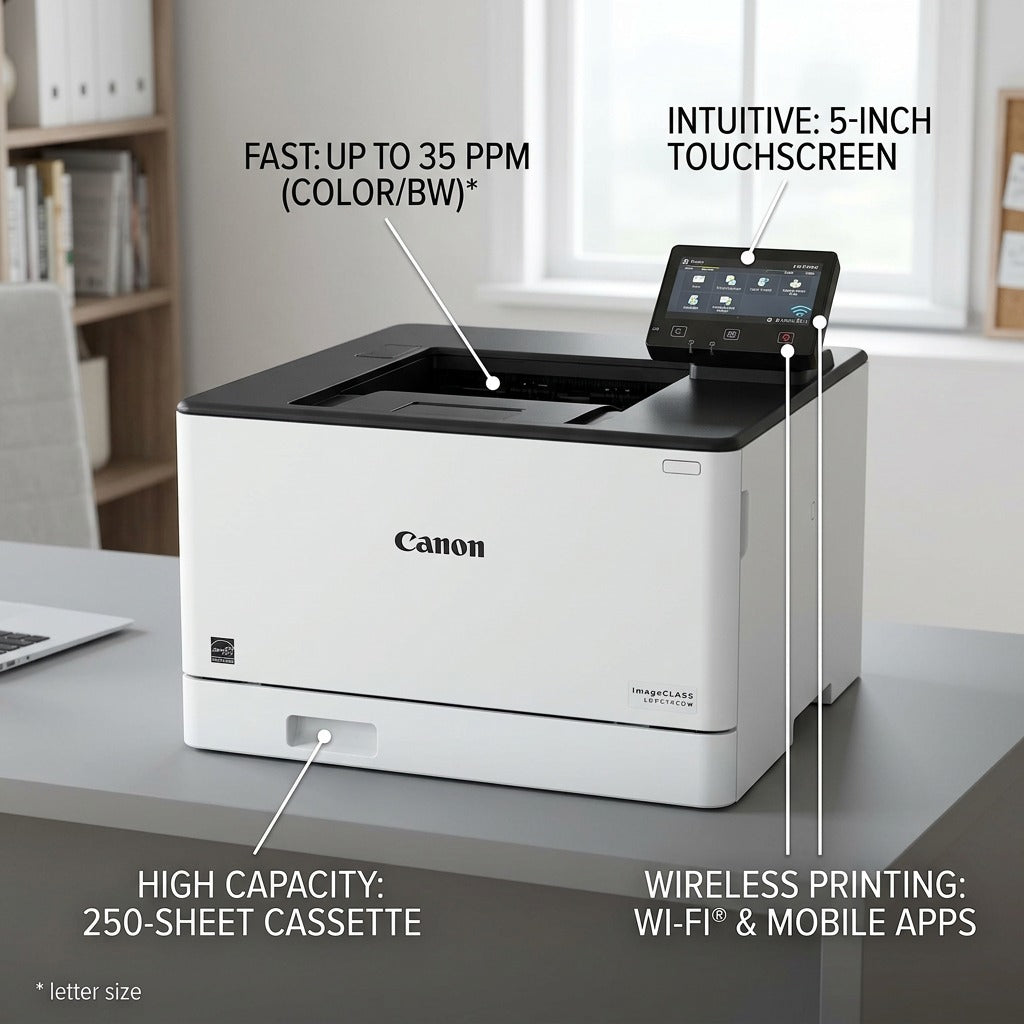 A clean feature graphic of the Canon LBP674CDW printer, highlighting key operational capabilities with clear pointers and minimal, user-focused labels.